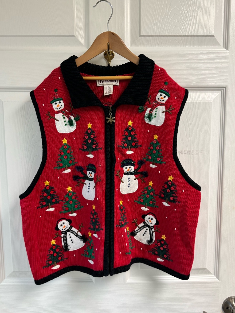 Bechamel Vtg Red Knit Holiday Snowman Vest Ramie Cotton Blend